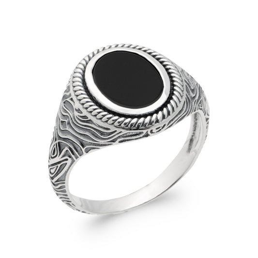 Chevalière homme argent agate noire David Jovelio